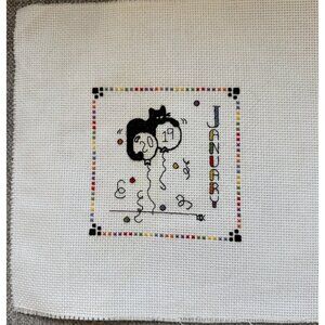 Handmade Counted Cross Stitch January Cat 9”x 9” 4” x 4”